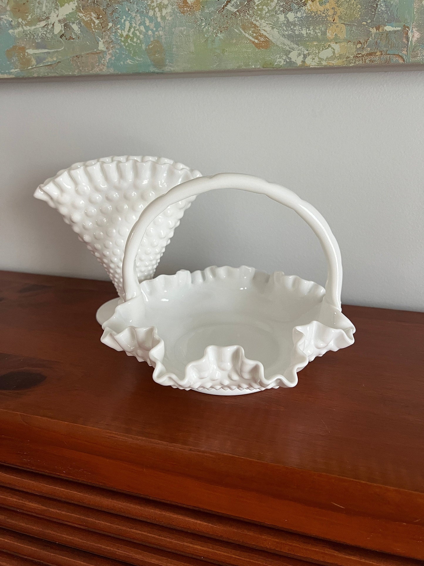 Vintage Fenton Hobnail Milk Glass Fan