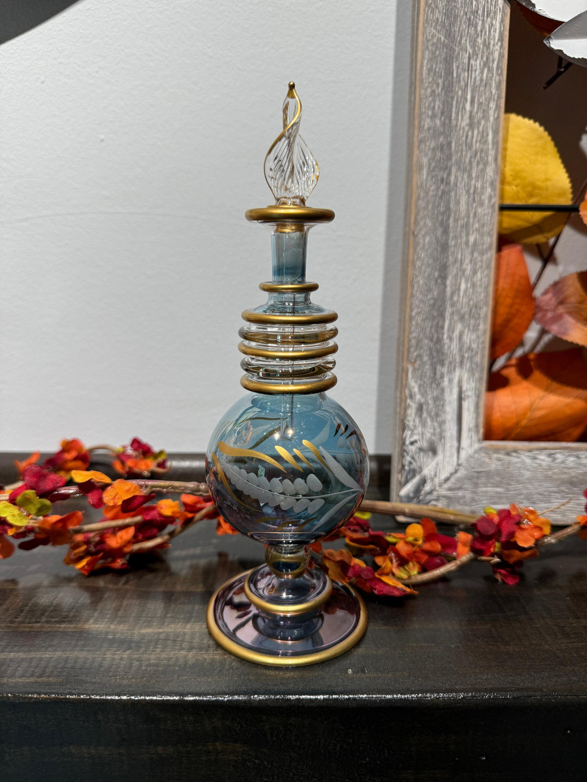 Handblown Blue and Gold Glass Bottle – Decorative Art Glass Vase, Unique Gift, Elegant Home Decor Accent or Gift