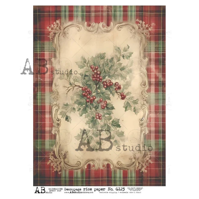 A4 Holly Berry Plaid Decoupage  AB6123