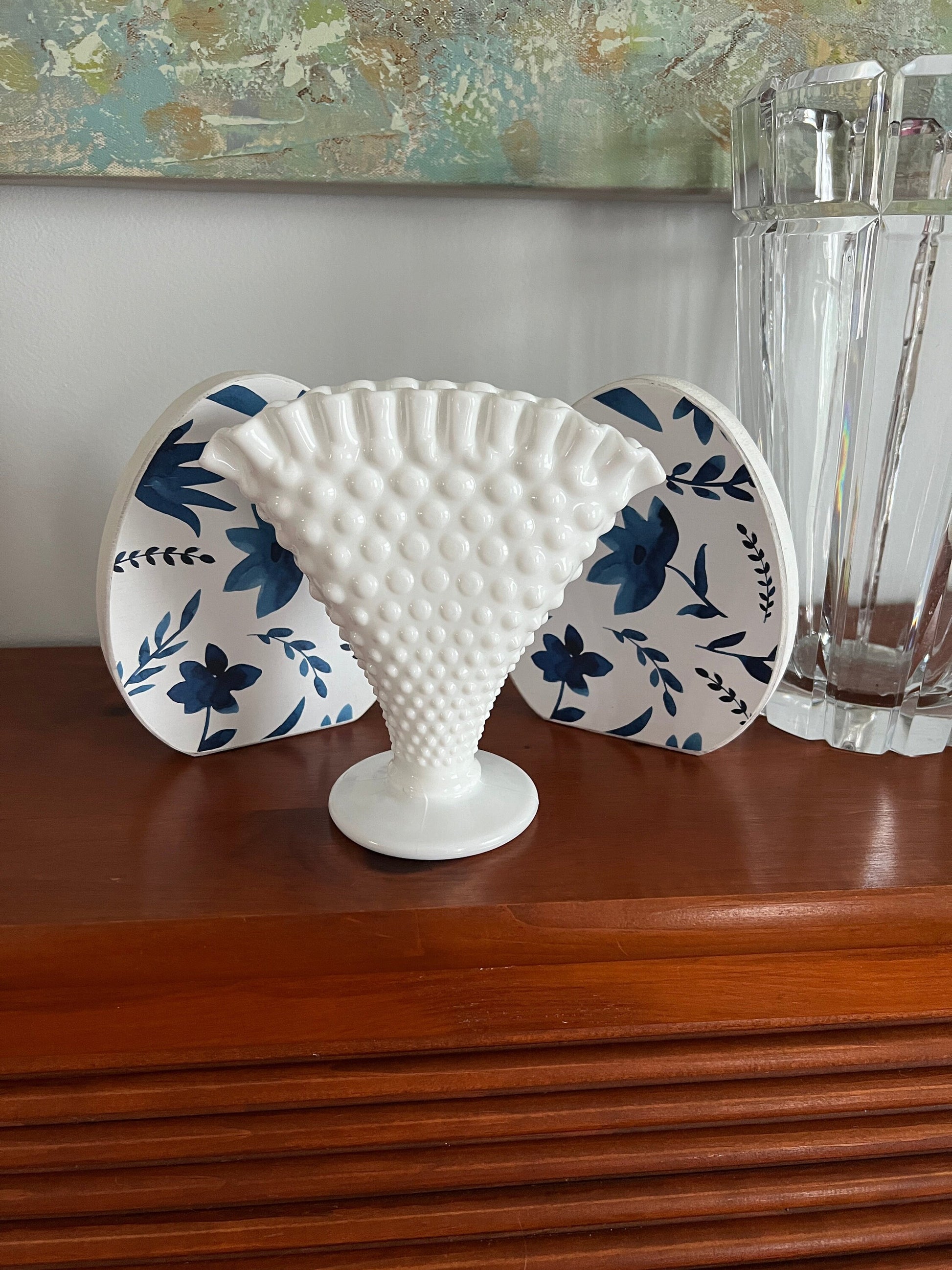 Vintage Fenton Hobnail Milk Glass Fan