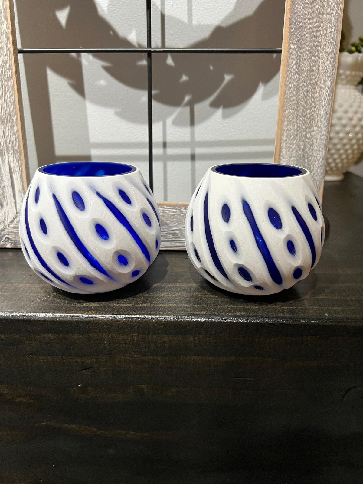 Rare 1970s Blue & White Votive Candle Holders Vintage Mid Century Decor Set of 2