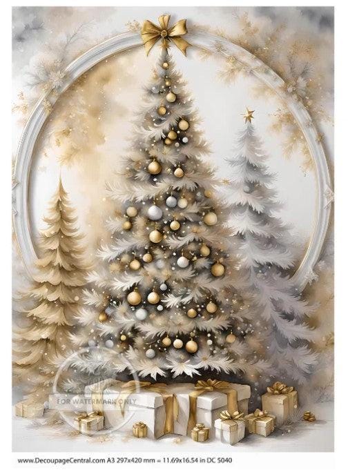 Gold Christmas Tree Decoupage Rice Paper for Holiday Crafts, Scrapbooking, Gift Wrap, Christmas DIY, Silver Gold Palette