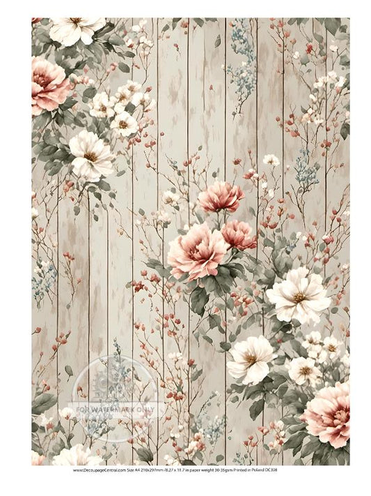 A4 Creamy Floral Shiplap DC398 - Decoupage Central