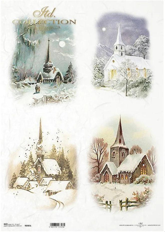 A3 Winter Church Quads Decoupage - R0985L