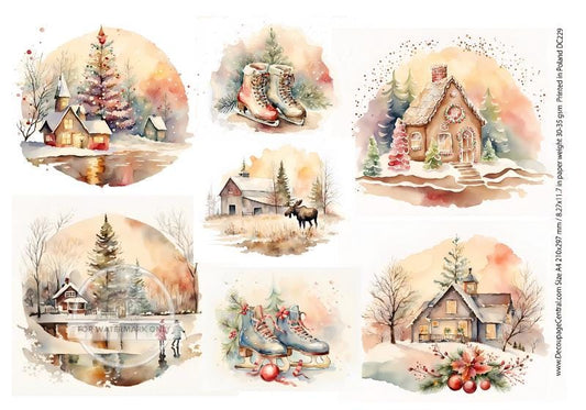 A4 Christmas Whimsy Decoupage Rice Paper DC229 | Gingerbread House, Ice Skates, Winter Scene, Barn, Church, Ice Skaters, Christmas Crafts