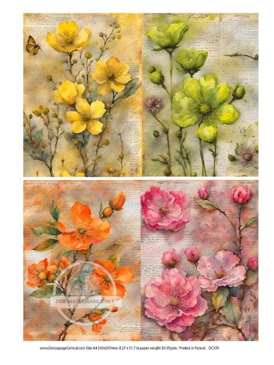 A4 Blooming Parchment Flowers Decoupage Rice Paper DC370 - Floral Craft Supplies for Spring Summer Projects
