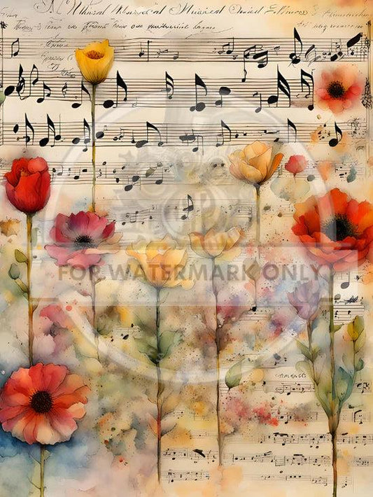 A4 Flower Melody Rice Paper DC601 - Watercolor Music Sheet with Flowers, Zinnia, Spring Summer Decoupage Paper, Floral Art Craft Supplies