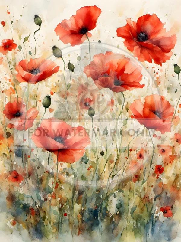 A4 Watercolor Poppies Rice Paper DC645 - Decoupage & Crafts, Floral Art Paper, Scrapbooking Supplies