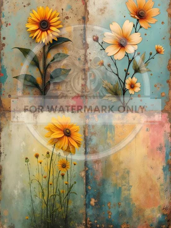 A4 Patina Flower Quad Decoupage Paper - DC629
