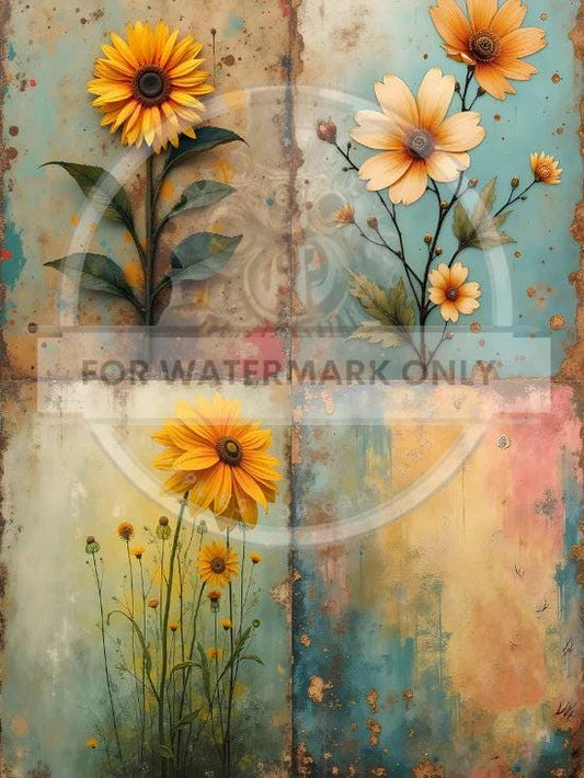 A4 Patina Flower Quad Decoupage Paper - DC629