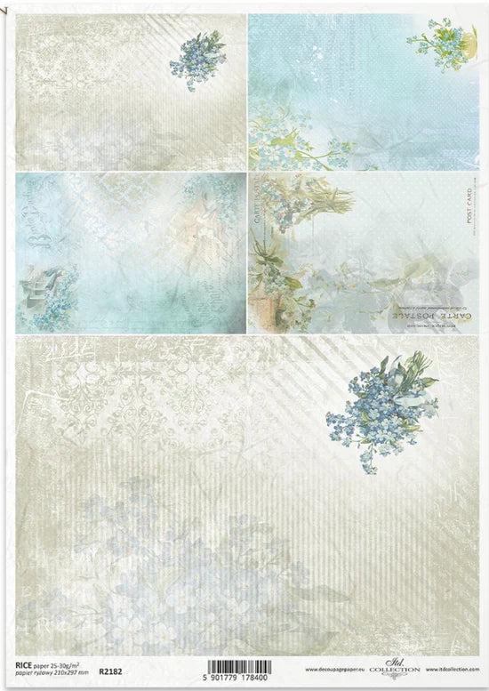 Blue + Cream-White Floral Background Decoupage Rice Paper – ITD R2182 Decoupage Sheet for Scrapbooking, Journals & DIY Crafts