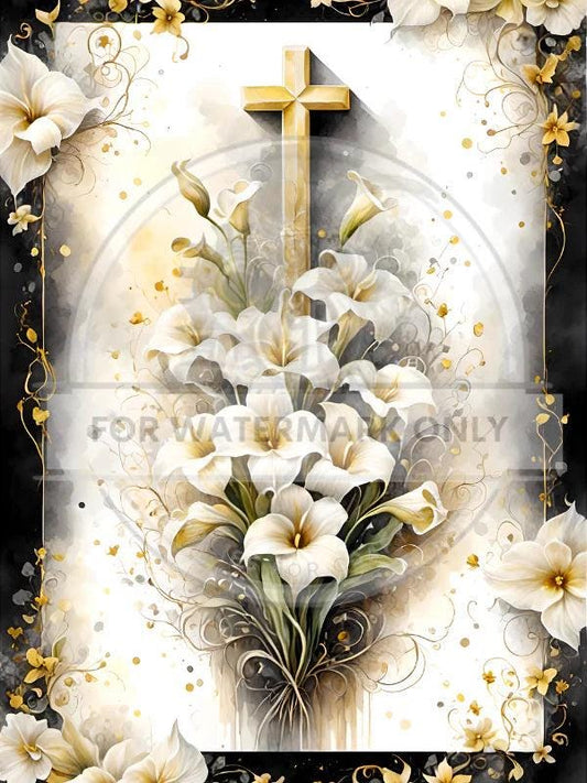 A4 Easter Lily Cross Rice Paper - DC609
