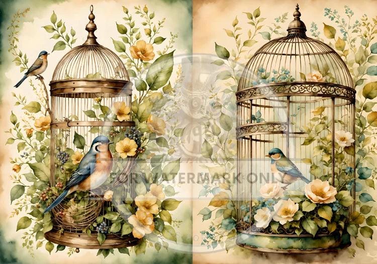 A4 Birdcage Flowers Duo Rice Paper - DC633