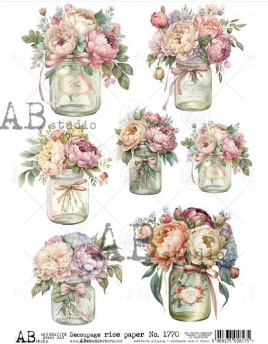 A4 Spring Flowers in Jars Decoupage Paper - AB 1770