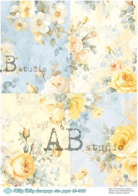 A4 Yellow Rose Quad Decoupage Paper ID308 | Vintage Blue Yellow Rose Design for Scrapbooking, Card Making, Crafting and Decoupage Projects