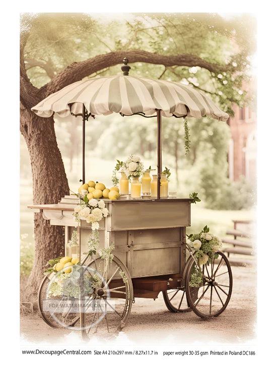 A4 Lemonade Stand Rice Paper DC186, Decoupage Summer Theme, Vintage Lemon Cart under Tree, Park Flowers, Yellow, Ideal for Tray or Frame