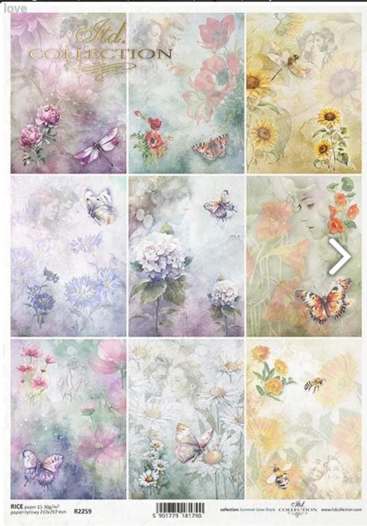 Spring Squares Decoupage Rice Paper R2259, Floral Craft Supplies, Botanical Scrapbook, Junk Journal, Soft Pastel Art, Flower Theme