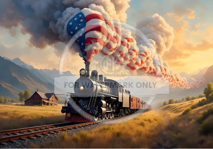 May include: A black steam locomotive train with red, white, and blue smoke trailing behind it. The smoke is shaped like the American flag. The train is traveling through a green valley with mountains in the background.