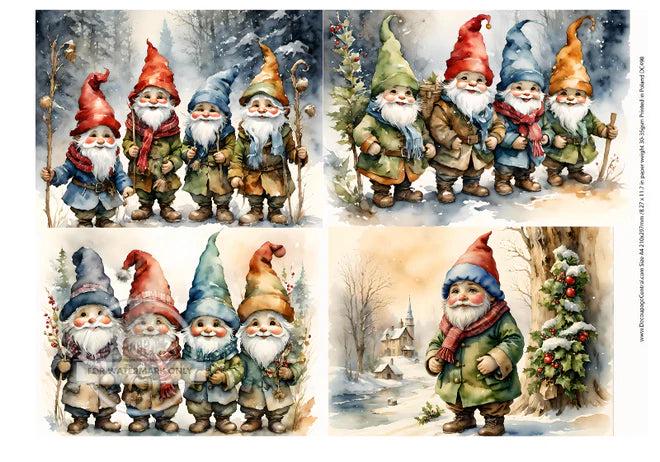 May include: Four sets of four gnomes in winter scenes. The gnomes are wearing red, green, and blue hats and coats. The gnomes are standing in front of a snowy background with trees and bushes. The gnomes are holding various items, such as a stick, a bag, and a lantern. The gnomes are smiling and looking happy.