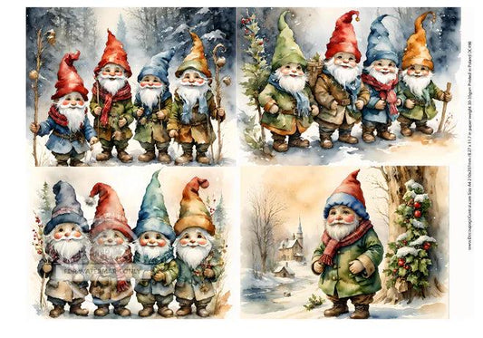 May include: Four sets of four gnomes in winter scenes. The gnomes are wearing red, green, and blue hats and coats. The gnomes are standing in front of a snowy background with trees and bushes. The gnomes are holding various items, such as a stick, a bag, and a lantern. The gnomes are smiling and looking happy.