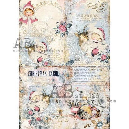 May include: Christmas Carol themed digital paper featuring vintage illustrations of Santa Claus, reindeer, and children.  The design incorporates pastel colors, including pinks, blues, and creams, with distressed textures and text elements such as 'Christmas Carol', 'Holly Berries', and a poem.  The paper includes various festive images and quotes, suitable for crafting and scrapbooking projects.