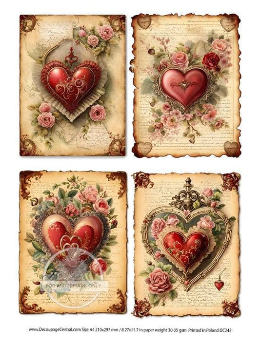 May include: Four vintage style printable images featuring ornate red hearts with gold accents surrounded by pink roses and green leaves. The background is a distressed parchment paper with handwritten text. The text at the bottom of the image reads 'FOR WATERMARK ONLY', 'www.DecoupageCentral.com Size A4 210x297 mm / 8.27x11.7 in paper weight 30-35 gsm Printed in Poland DC242'.