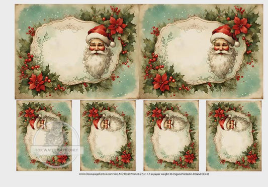 Santa Tags Decoupage Paper DC435 – Vintage Christmas Craft Supplies for Holiday Scrapbooking & Gift Wrapping