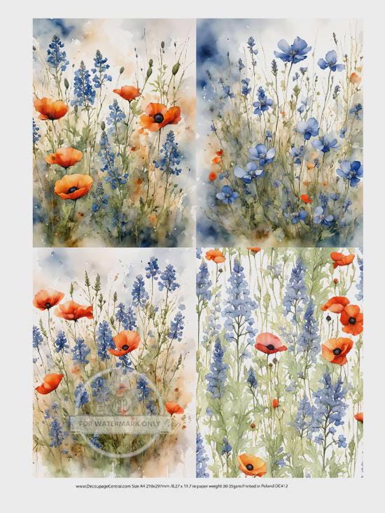 A4 Bluebonnets and Poppies Quad Decoupage Rice Paper DC412 - Sheet for Decoupage, Scrapbooking & Crafts - Floral Botanical Art Paper