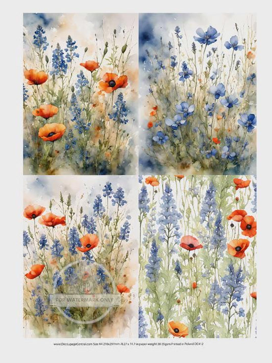 A4 Bluebonnets and Poppies Quad Decoupage Rice Paper DC412 - Sheet for Decoupage, Scrapbooking & Crafts - Floral Botanical Art Paper