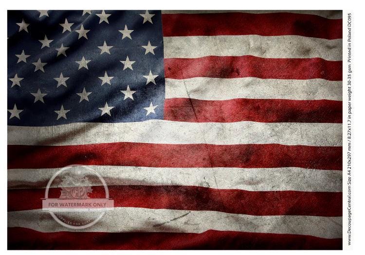 May include: A distressed American flag with red and white stripes and blue stars. The flag is wrinkled and has a vintage look. The text 'FOR WATERMARK ONLY' is visible in the lower left corner. The text 'www.DecoupageCentral.com Size A4 210x297 mm/8.27x11.7 in paper weight 30-35 gum Printed in Poland DC095' is visible in the lower right corner.