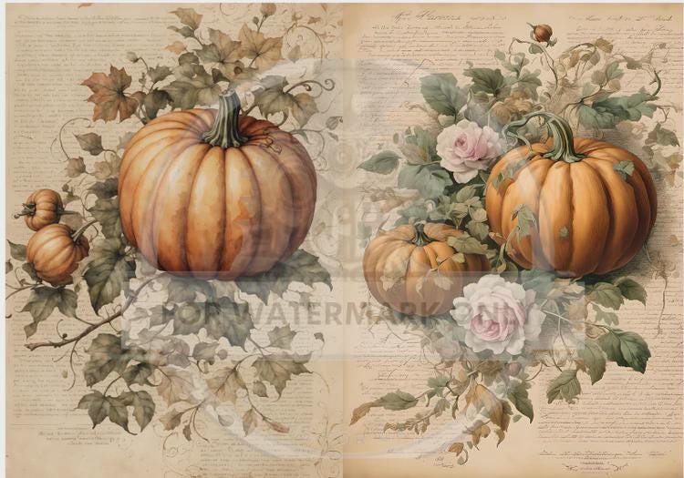 A4 Autumn Garden Pumpkin Duo DC753 Decoupage Rice Paper for Fall Crafts Junk Journals Mixed Media Scrapbooking Shabby Chic Collage DIY Decor
