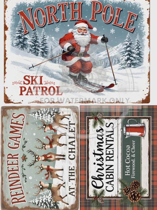 A3 North Pole Ski Reindeer Hot Cocoa Signs Decoupage Rice Paper DC5090