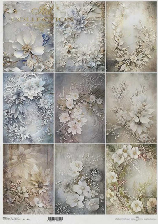 A3 Winter Floral Decoupage Rice Paper R1184L for Christmas Crafts, Junk Journals, Gift Tags, Scrapbooking, Mixed Media Vintage Holiday Decor