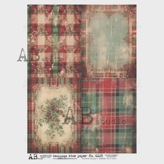A4 Red and Green Plaid Quad Decoupage Rice Paper AB 6125 for Christmas decoupage, DIY crafts, and upcycled furniture projects