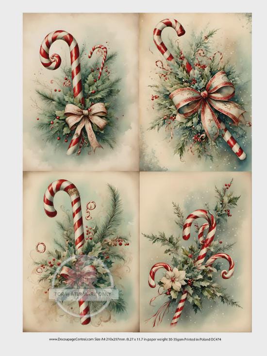 Candy Cane Rice Paper – Quad Decoupage Sheet DC474 Christmas Crafts, Furniture, and Holiday Decor