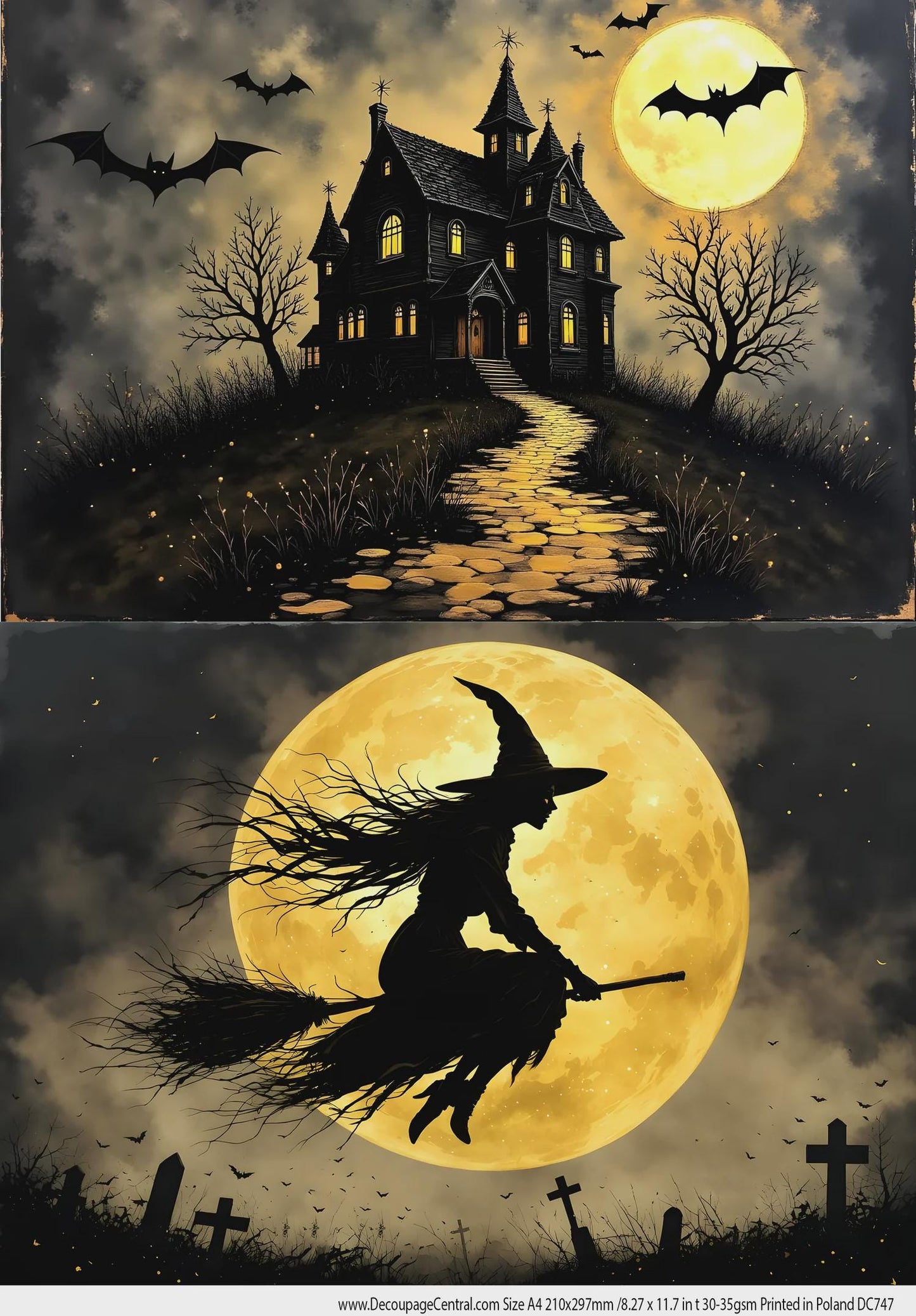 A4 Haunted Manor & Witch Duo Decoupage Rice Paper DC747