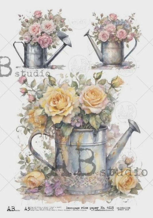 A3 Large Watering Can Decoupage Rice Paper AB 4113 for Farmhouse Crafts, Scrapbooking, Junk Journals, DIY Spring Decor and Mixed Media