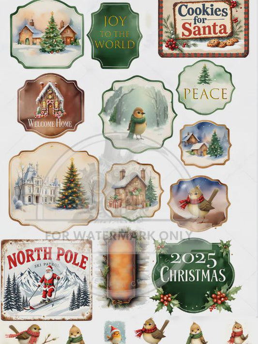 A4 Christmas Labels Decoupage Rice Paper DC830