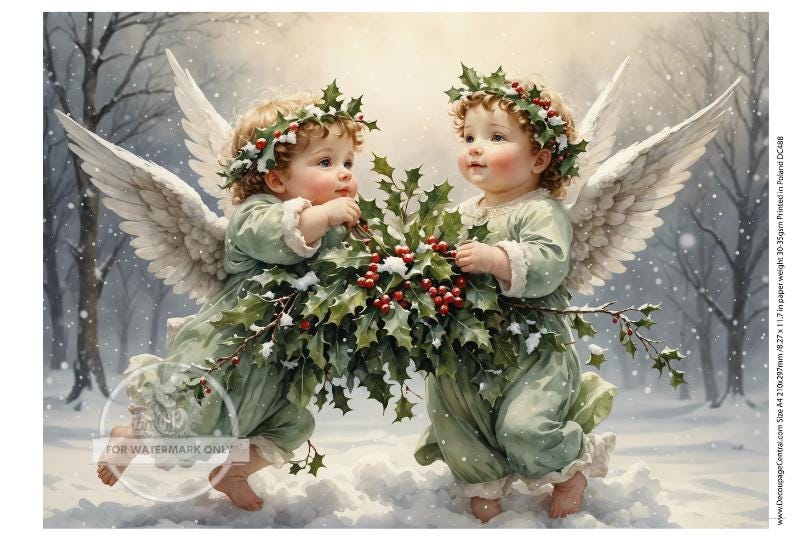 May include: Two cherubic angels, adorned in green robes and holly wreaths, are depicted in a winter wonderland setting.  Their wings are large and white, contrasting against the snowy landscape. The angels hold a lush bouquet of holly berries and leaves. The scene is serene and evokes a Christmas theme. The image is suitable for holiday-themed prints, cards, or decorations.