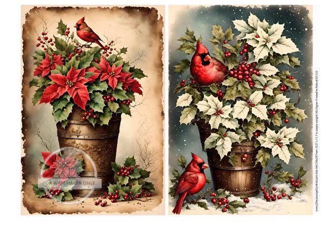 May include: Two vintage-style Christmas cards feature red and white poinsettia arrangements in rustic wooden pots, accented with holly berries.  Each card showcases a pair of realistic red cardinals perched amidst the festive flora. The left card displays red poinsettias against a beige background, while the right card features white poinsettias on a blue-gray background. Both cards evoke a classic, nostalgic Christmas theme.