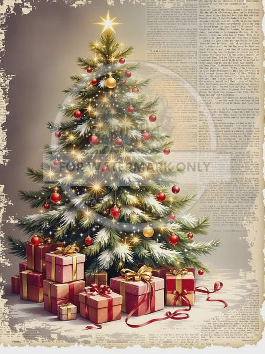 A4 Christmas Tree Decoupage Rice Paper DC811, Vintage Newspaper Background, Holiday Craft Supplies, Christmas Decor, DIY Christmas Gifts