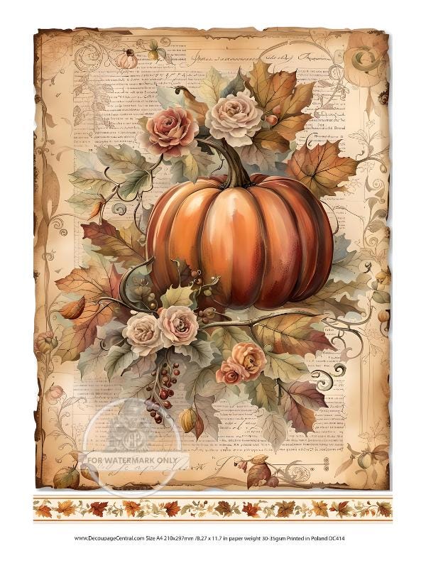 May include: Autumn-themed printable featuring a large orange pumpkin nestled amongst fall leaves, cream-colored roses, and berries. The design is set against a vintage-style background with text and decorative elements.  The image includes a border of autumn leaves at the bottom.  The text on the image includes 'FOR WATERMARK ONLY' and website and size information.