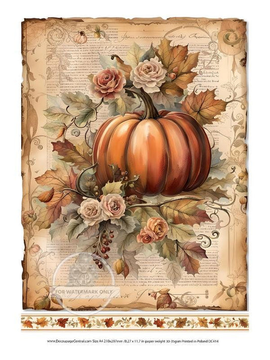May include: Autumn-themed printable featuring a large orange pumpkin nestled amongst fall leaves, cream-colored roses, and berries. The design is set against a vintage-style background with text and decorative elements.  The image includes a border of autumn leaves at the bottom.  The text on the image includes 'FOR WATERMARK ONLY' and website and size information.