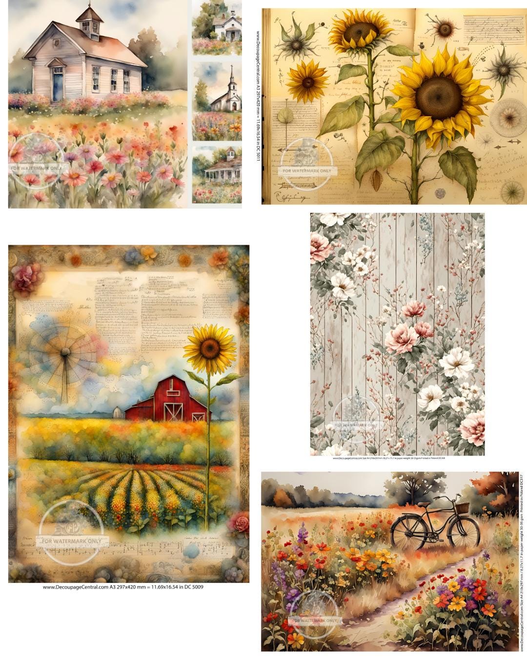 Vintage Bicycles at the Red Barn Decoupage Rice Paper (5 images on 1 sheet) - DC320