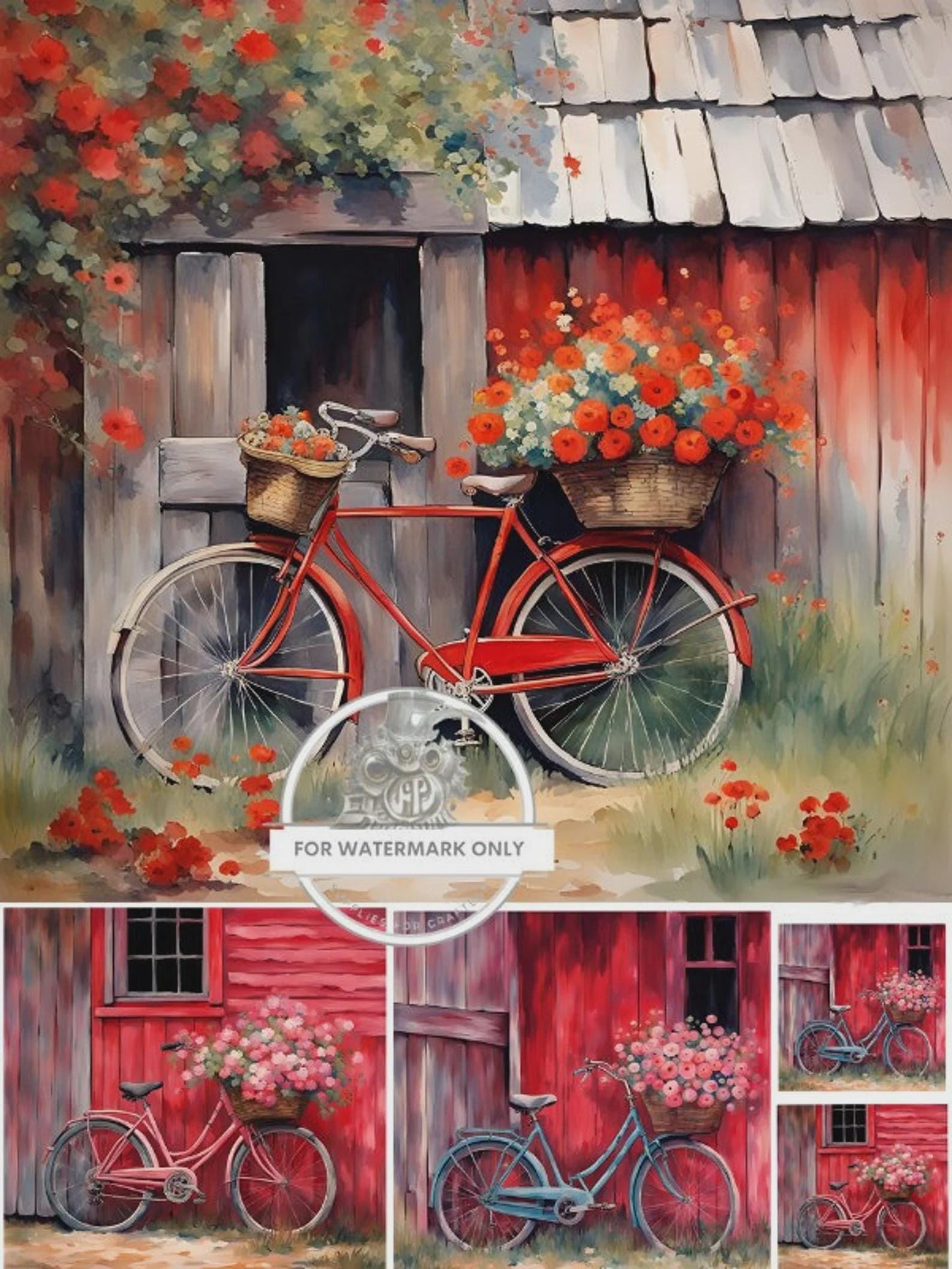 Vintage Bicycles at the Red Barn Decoupage Rice Paper (5 images on 1 sheet) - DC320