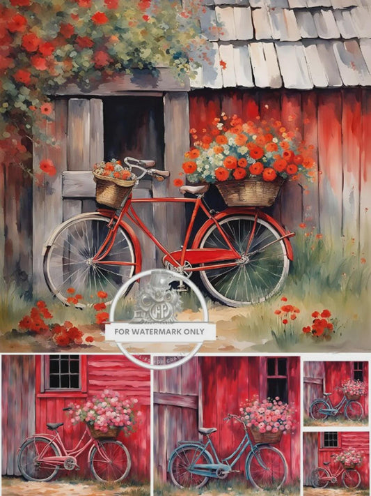 Vintage Bicycles at the Red Barn Decoupage Rice Paper (5 images on 1 sheet) - DC320