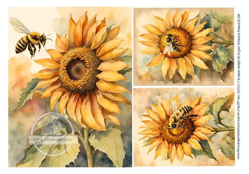 May include: Three watercolor paintings of sunflowers with bees. The sunflowers are yellow with brown centers. The bees are black and yellow.