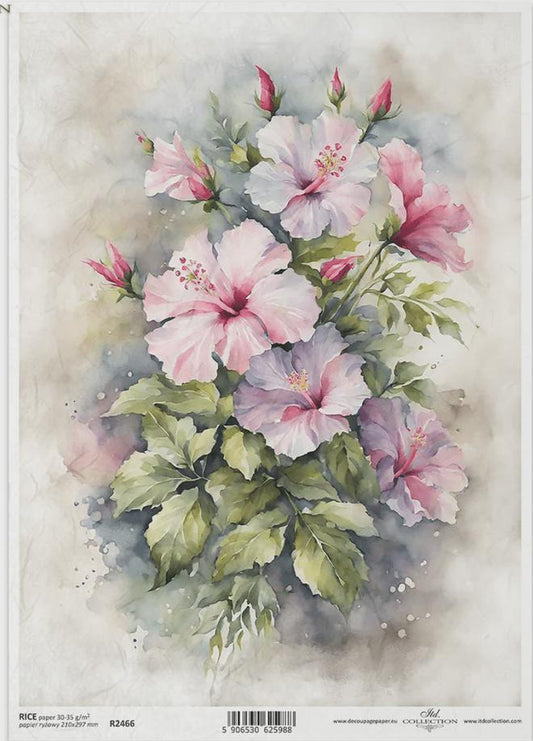A4 Hibiscus Decoupage Rice Paper R2466 - Decoupage, Scrapbooking & Crafts - Floral Botanical Art Paper