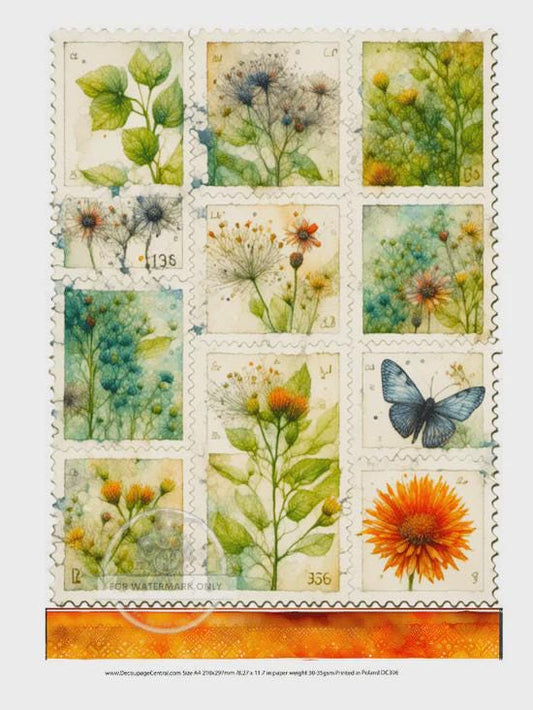 A4 Botanical-Floral Watercolor Postage Stamp Image Decoupage Rice Paper DC396