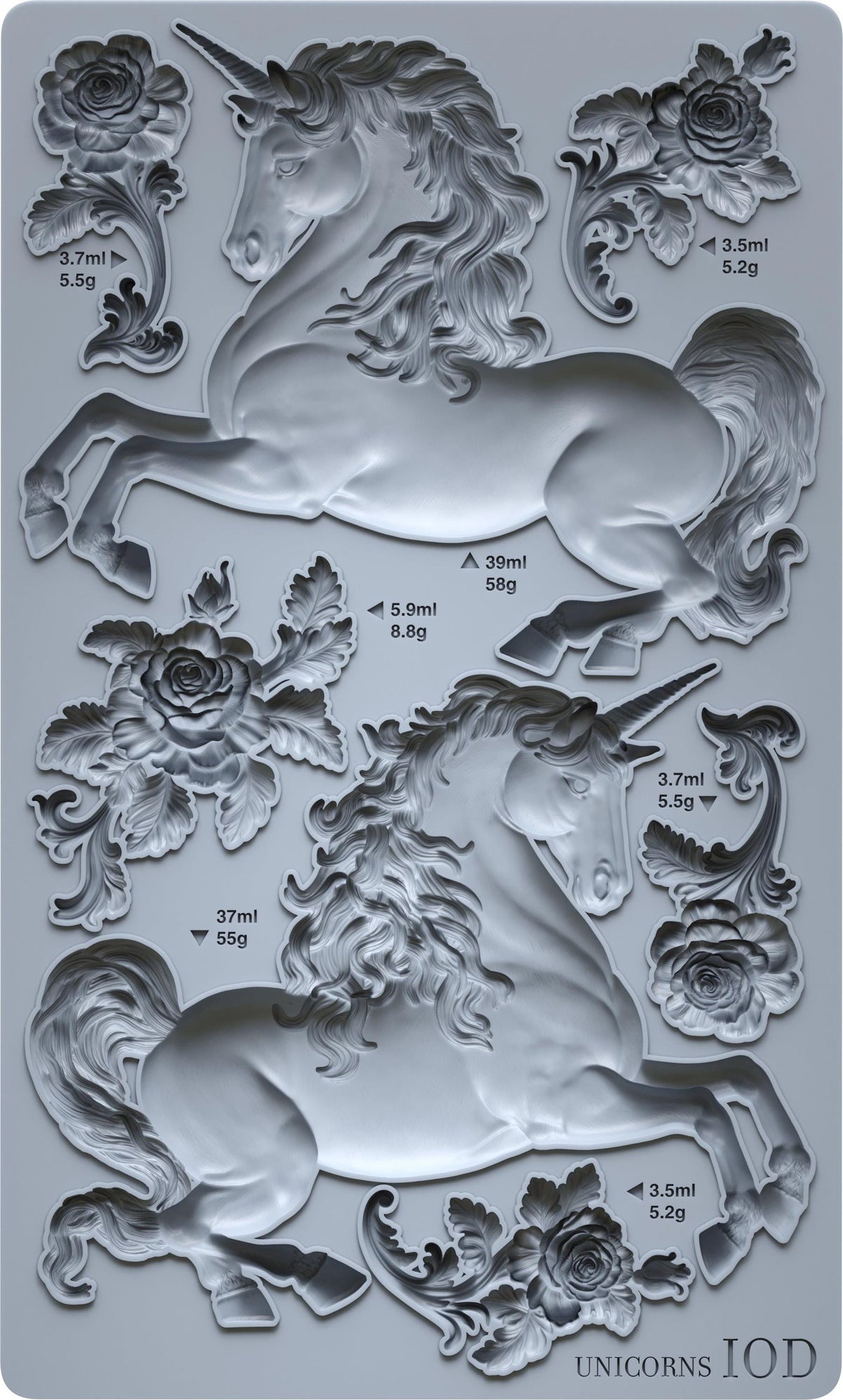 May include: A gray silicone mold featuring detailed unicorn designs and floral accents. Includes various sizes, with measurements in milliliters and grams. The text "UNICORNS IOD" is visible at the bottom.